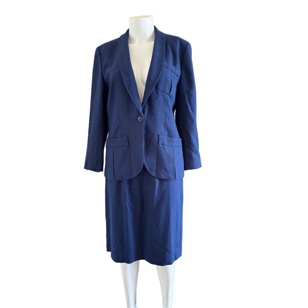 women’s M royal blue blazer skirt set vintage 90s linen